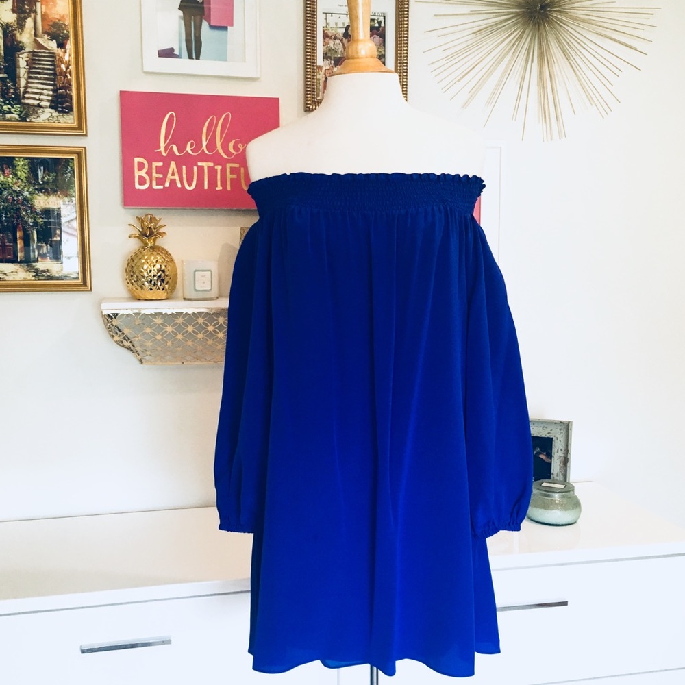 Nicole Miller Blue Off The Shoulder Silk Dress Medium - Picture 4 of 9